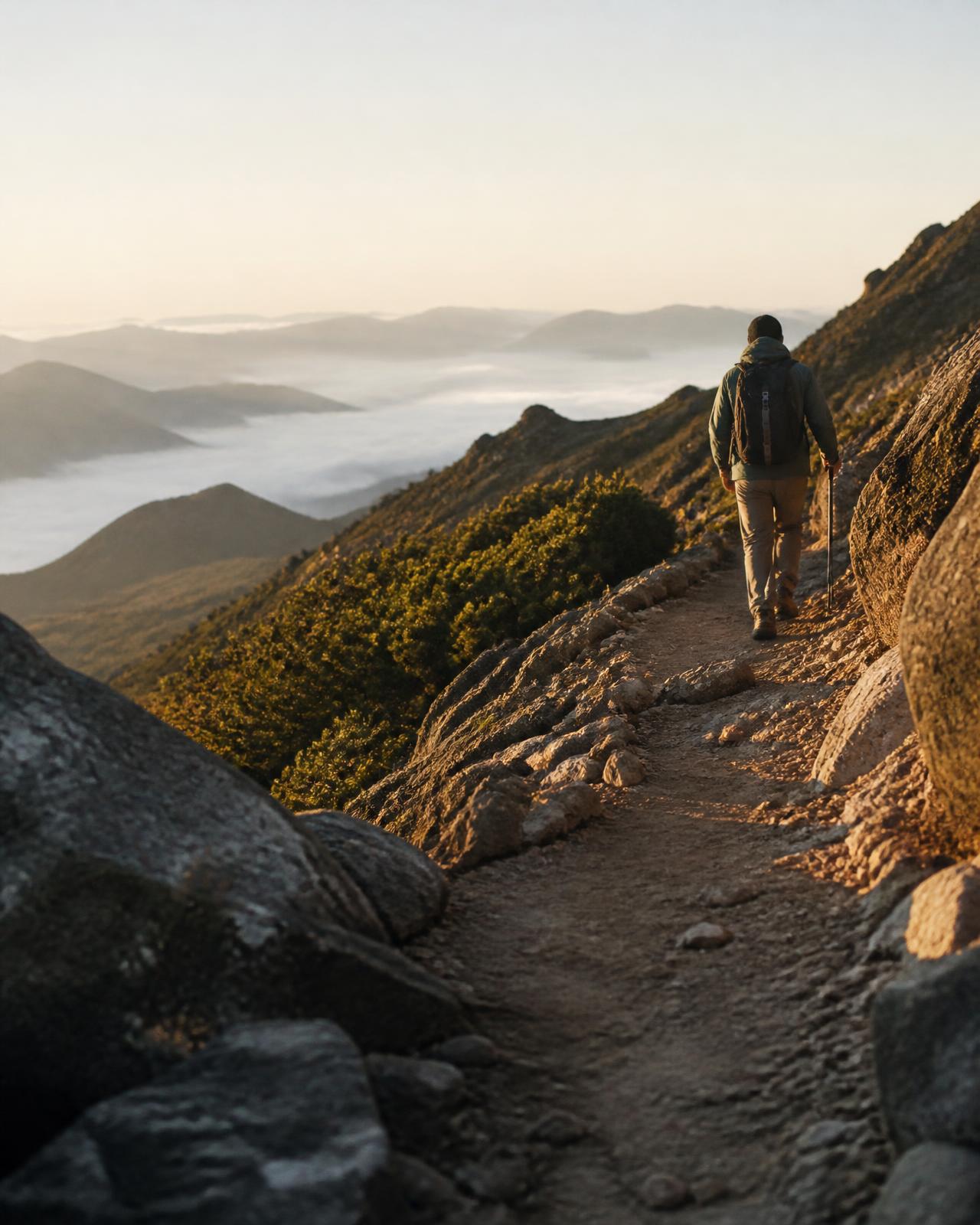 An eagle soaring upward into a golden sunrise above distant mountains
